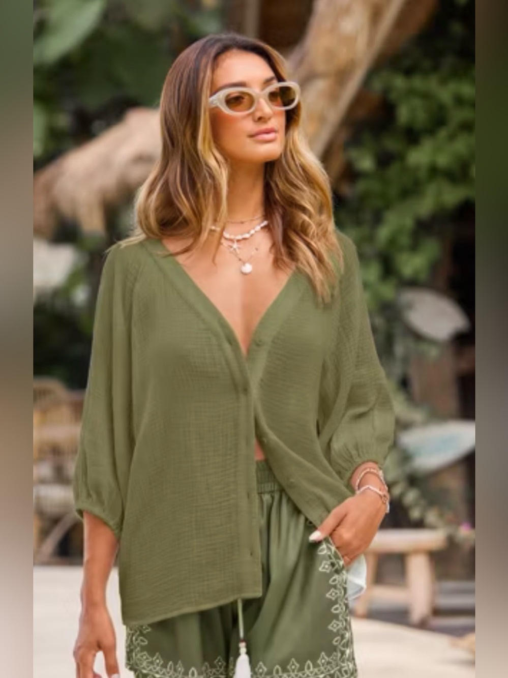 Cupshe ~ Olive Green Button-Front Gauze V-Neck Shirt - NWT - XL